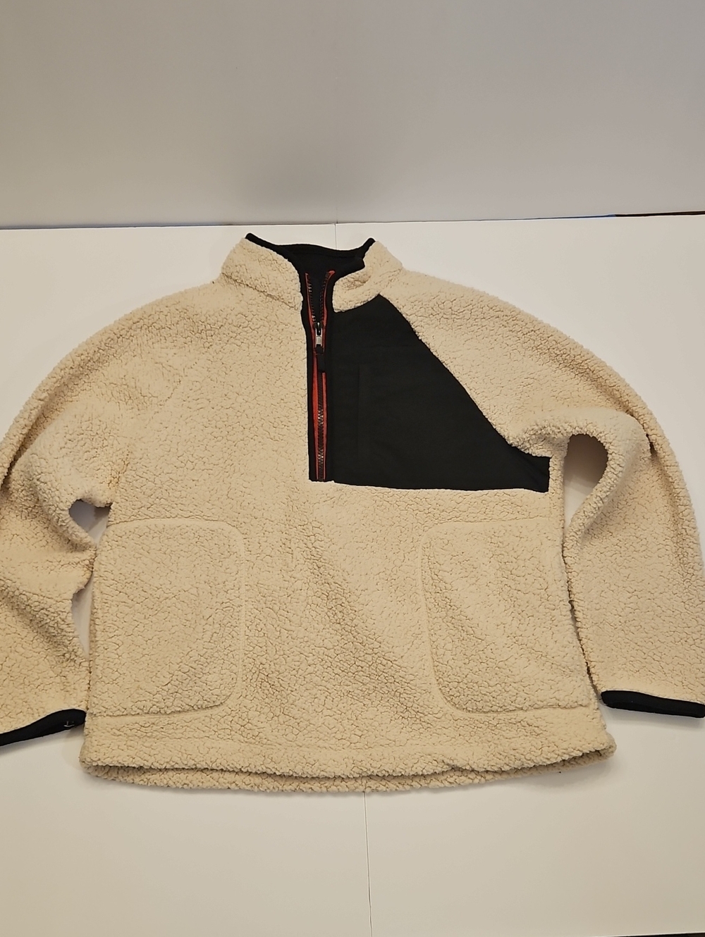 Art Class Cream Sherpa Half-Zip Pullover Black Chest Panel M (8) Kids NEW